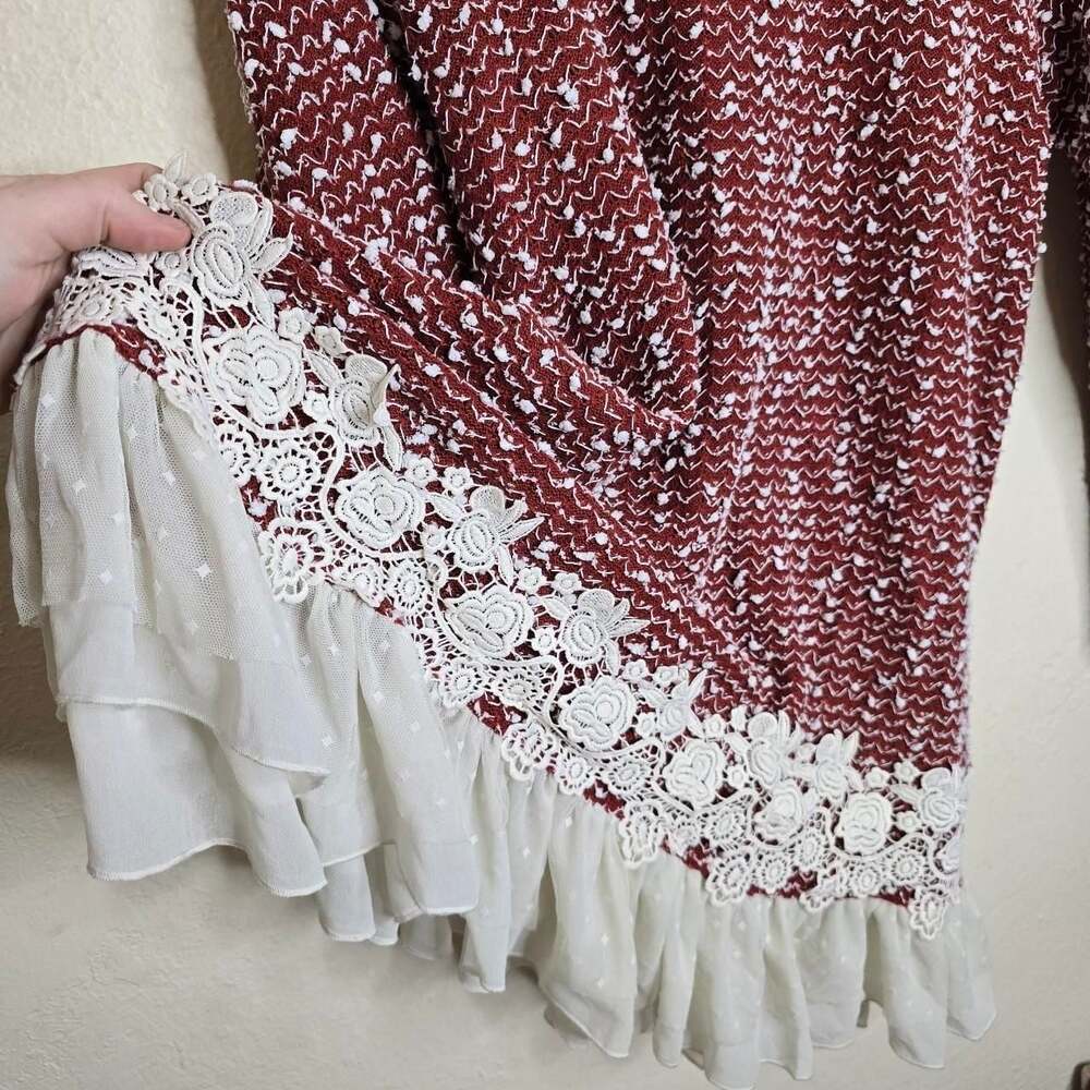 Burgundy Popcorn Knit Lace Ruffle Tunic Dress - Picture 7 of 8